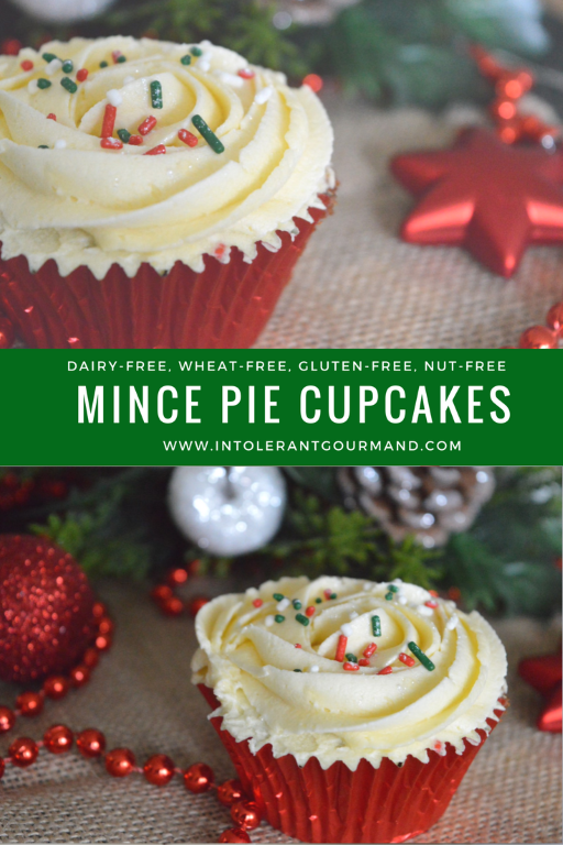 Simple Mince Pie Cupcakes - a delicious new take on the classic cupcake, given a festive twist! Quick and simple to make and dairy-free, gluten-free, wheat-free, egg-free, nut-free and more and still super tasty! www.intolerantgourmand.com