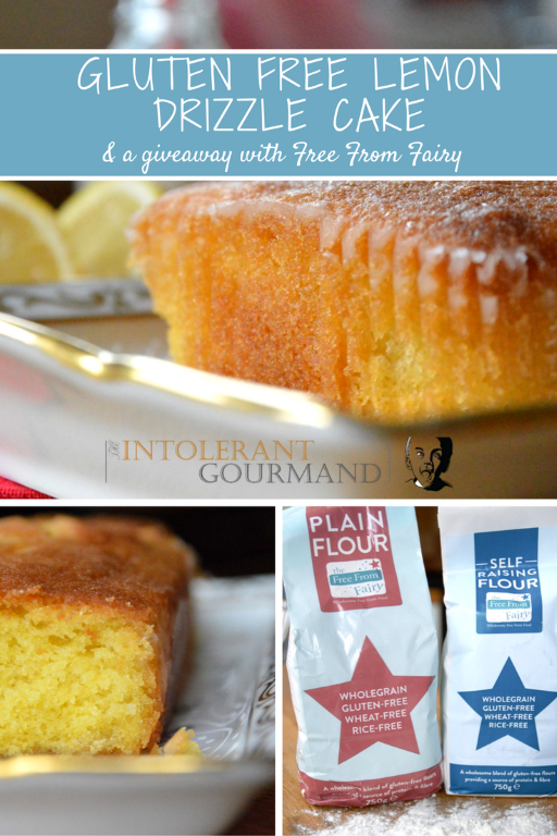 GF DF Lemon Drizzle Cake a giveaway - a recipe for a deliciously light and fluffy lemon drizzle sponge made using Free From Fairy flour, and a chance to win a goodie bag of flours and an e-recipe book in time for Christmas! www.intolerantgourmand.com