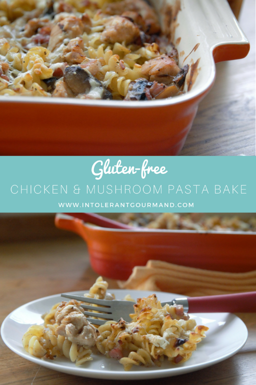Chicken Mushroom Pasta Bake - made as part of our IBS Awareness Month series. A gluten-free dish, using every day ingredients and packed full of flavour thanks to a2 Milk and Schwartz products! www.intolerantgourmand.com