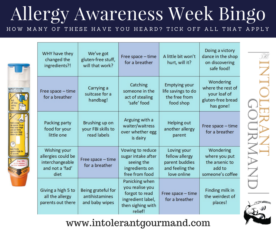 Allergy Awareness Week Bingo - how many of these common questions relating to allergies can you tick off?! Ranging from 'we've got this gluten free stuff...' right the way through to 'a little won't hurt will it?' www.intolerantgourmand.com